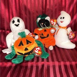 Vintage 90’s Halloween Ty Beanie Babies: Zip, Pumpkin, Spooky, And Sheets.